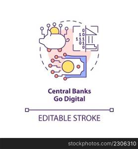 Central banks go digital concept icon. Cryptocurrency weakness in foreseeable future abstract idea thin line illustration. Isolated outline drawing. Editable stroke. Arial, Myriad Pro-Bold fonts used. Central banks go digital concept icon