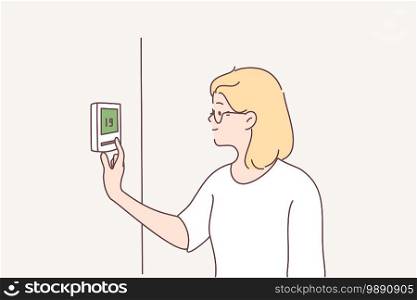 Central heating, air conditioning concept. Portrait of smiling blonde woman cartoon character standing and fixing temperature of Central Heating at home to in office vector illustration . Central heating, air conditioning concept