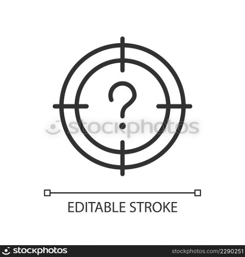 Central question linear icon. Main problem solution searching. Focus on necessary target. Thin line illustration. Contour symbol. Vector outline drawing. Editable stroke. Arial font used. Central question linear icon