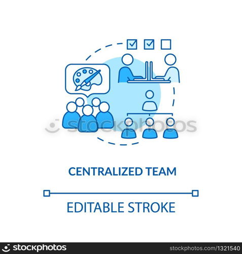 Centralized team, collaboration type concept icon. Designers teamwork idea thin line illustration. Design studio coworking structure. Vector isolated outline RGB color drawing. Editable stroke