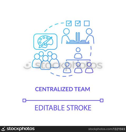 Centralized team, staff collaboration type concept icon. Designers work scheme idea thin line illustration. Creative workshop coworking structure. Vector isolated outline RGB color drawing