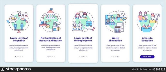 Centrally planned ES advantages onboarding mobile app screen. Walkthrough 5 steps graphic instructions pages with linear concepts. UI, UX, GUI template. Myriad Pro-Bold, Regular fonts used. Centrally planned ES advantages onboarding mobile app screen