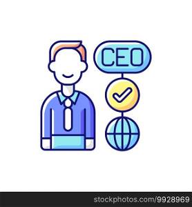 CEO RGB color icon. Chief executive officer. Highest-ranking person in company. Guiding employees. Taking managerial decisions. Overseeing entire corporate operations. Isolated vector illustration. CEO RGB color icon
