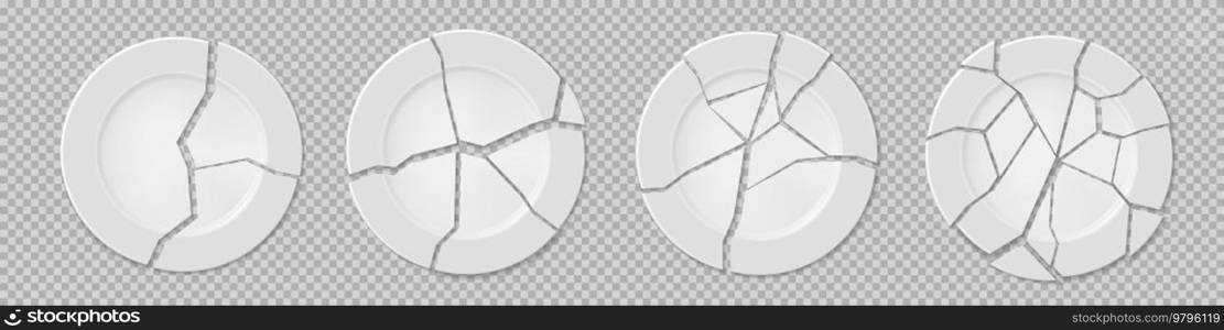 Ceramic broken plates with cracks. White vector round dishes with varying degrees of damage. Realistic shattered kitchen porcelain crockery with splinter pieces isolated on transparent background. Ceramic broken plates with cracks, damaged dishes