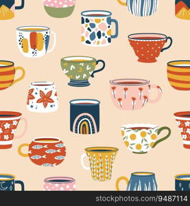 Ceramic coffee cups and tea mugs, kitchen crockery seamless pattern. Vector background of vintage scandinavian pottery with cozy ornaments, hearts, dots, stripes and flowers. Cafe kitchenware backdrop. Ceramic coffee cups and tea mugs seamless pattern