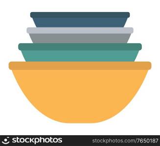 Ceramic earthenware flower pots, food bowls in stack isolated. Vector clay pots flat style kitchen utensils. Household crockery, terracotta pottery. Ceramic Earthenware Flower Pots, Food Bowls Vector