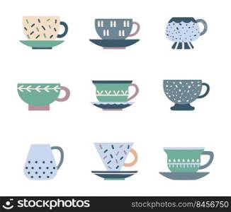 Ceramic kitchen teacup with cute decorative design. Porcelain tea service, mugs and saucer for drinking tea or coffee. China classic crockery isolated vector set. Morning beverage tableware. Ceramic kitchen teacup with cute decorative design. Porcelain tea service, mugs and saucer for drinking