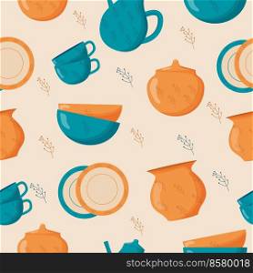 Ceramic kitchenware seamless pattern. Cute handmade ceramic plates, mugs, sugar bowl, teapots, dishes. Kitchen tools. Ceramic kitchenware seamless pattern. Cute handmade ceramic plates, mugs, sugar bowl, teapots, dishes. Kitchen tools, pottery