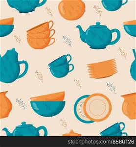 Ceramic kitchenware seamless pattern. Cute handmade ceramic plates, mugs, sugar bowl, teapots, dishes. Kitchen tools. Ceramic kitchenware seamless pattern. Cute handmade ceramic plates, mugs, sugar bowl, teapots, dishes. Kitchen tools, pottery