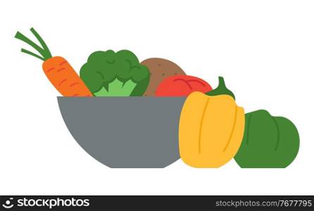 Ceramic or plastic deep bowl with fresh peppers, broccoli, carrots, potatoes. Fresh vegetables close-up. Healthy wholesome food. Cook at home. Organic food healthy natural product. Flat vector image.. Vegetable plate, pepper, broccoli, carrots, healthy organic food. Flat vector image on white