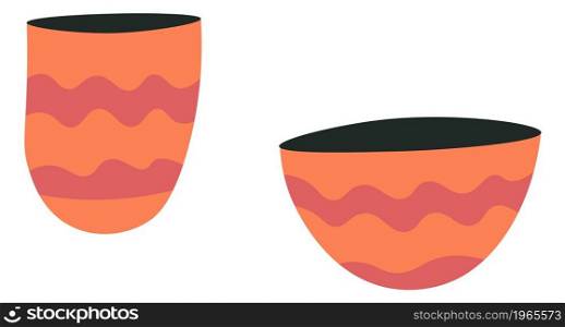 Ceramic or porcelain cups or bowls with geometric curved lines decoration. Isolated clayware with ornaments and abstract motifs, workshop classes or handmade products for sale. Vector in flat style. Porcelain or ceramics cups and bowls with lines