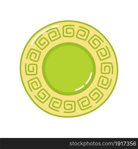 Ceramic plate. Kitchenware. Porcelain dish with decorative element. Hand drawn green ornamented dishware. Vector illustration.