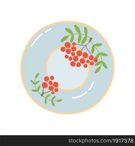 Ceramic plate. Kitchenware. Porcelain dish with decorative element. Hand drawn ornamented dishware. Vector illustration.