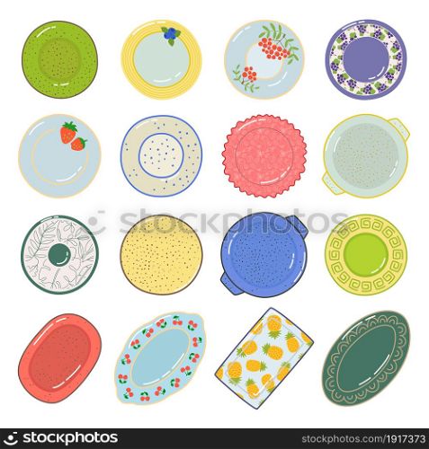 Ceramic plate set. Kitchenware bundle. Porcelain dish with decorative element. Hand drawn ornamented dishware with decorative elements. Vector illustration.