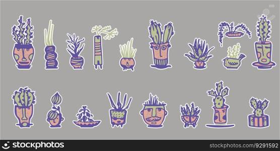 Ceramic pots with cactus comic faces. Different doodle emotions characters stickers Plant ceramics. Pottery vases trendy concept Cartoon style. Hand drawn illustration isolated background Vector set.. Ceramic pots with cactus comic faces. Different doodle emotions characters stickers Plant ceramics. Pottery vases trendy concept Cartoon style. Hand drawn illustration isolated background Vector set