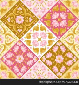 Ceramic tile pattern with lotus. Stylized image of water lily in pink and gold.. Ceramic tile pattern with lotus.