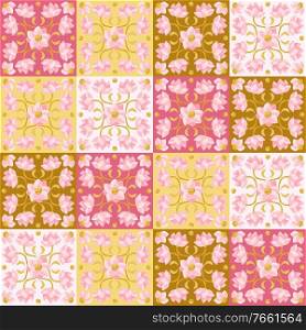 Ceramic tile pattern with lotus. Stylized image of water lily in pink and gold.. Ceramic tile pattern with lotus.