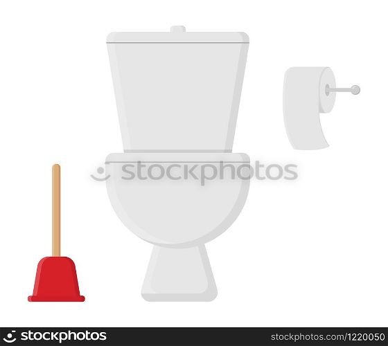 Ceramic toilet bowl, red plunger and white roll of toilet paper isolated on white background. Cartoon style. Vector illustration for any design.