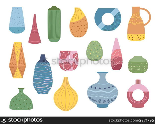 Ceramic vases. Modern pottery, different contemporary shapes, isolated interior ware, cozy home decor items and patterned pots vector set. Ceramic vases. Modern pottery, different contemporary shapes, isolated interior ware, cozy home decor items and patterned pots