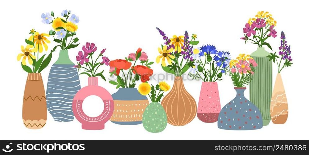 Ceramic vases with flowers. Interior floral pottery with gardens bouquets, different contemporary shapes, handmade porcelain bottles with plants, modern cozy decor vector hand drawn horizontal concept. Ceramic vases with flowers. Interior floral pottery with gardens bouquets, different contemporary shapes, handmade porcelain bottles with plants, modern cozy decor, vector horizontal concept