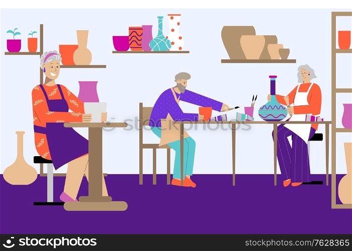 Ceramics hobby flat composition with indoor scenery of pottery workshop with images of stoneware and people vector illustration