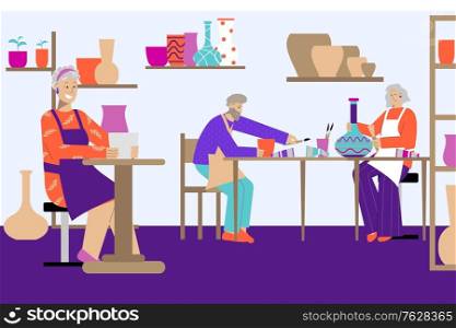 Ceramics hobby flat composition with indoor scenery of pottery workshop with images of stoneware and people vector illustration