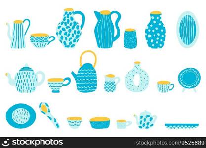Ceramics, pottery kitchenware collection. Dishes, pot, cup, spoon, plate, jug, bowl isolated on white. Hand drawn vector set flat design