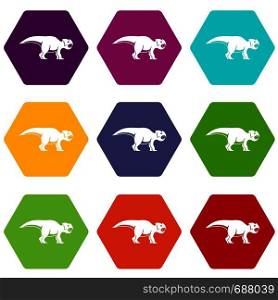 Ceratopsians dinosaur icon set many color hexahedron isolated on white vector illustration. Ceratopsians dinosaur icon set color hexahedron