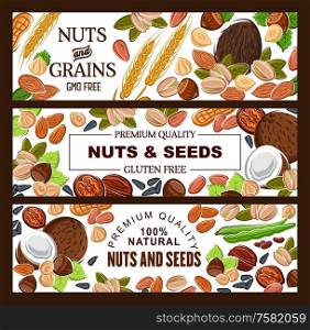 Cereal grains, nuts and seeds, organic GMO free raw vegetarian food, healthy superfood nutrition. Vector natural peanut, hazelnut and almond, coconut, wheat and rye, sunflower seeds and pistachio nuts. GMO free natural seeds, nuts and cereal grains