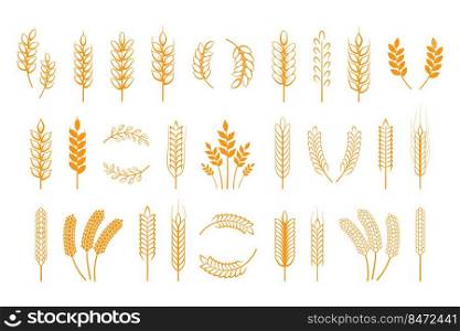 Cereal icons and wreath. Ears of corn logo, barley rice rye grain spices minimalistic laurel graphic. Vector bakery symbol set illustration isolated image stalks bran. Cereal icons and wreath. Ears of corn logo, barley rice rye grain spices minimalistic laurel graphic. Vector bakery symbol set