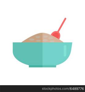 Cereal porridge vector Illustration. Flat style design. Dietary product concept. Traditional dish of oatmeal, wheat or grain in deep turquoise plate with spoon. Isolated on white background. . Cereal Porridge Vector Illustration. . Cereal Porridge Vector Illustration.