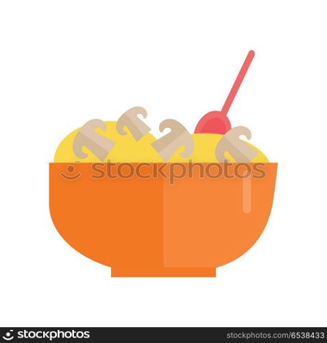 Cereal porridge with mushrooms vector Illustration. Flat style design. Dietary product concept. Traditional dish of oatmeal, wheat or grain in deep orange bowl with spoon. Isolated on white. . Porridge with Mushrooms Vector Illustration. . Porridge with Mushrooms Vector Illustration.