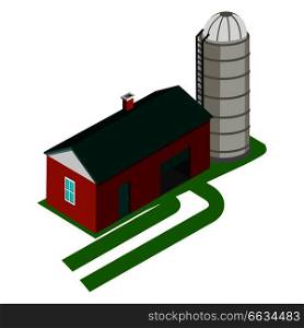 Cereal silo and storages house vector illustration isolated on white. Metal grain storage building and farmhouse in flat design on green grass. Cereal Silo and Storage House Vector Illustration