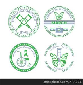 Cerebral Palsy Awareness Month in March. Grey and green emblems with wheelchair and crutches. Banners with butterfly is symbol of disability and inclusion.. Cerebral Palsy Awareness Month in March. Grey and green emblems with wheelchair and crutches. Banners with butterfly is symbol of disability