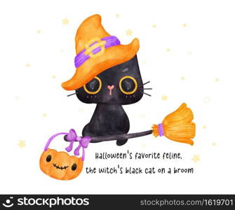 Cerebrate Halloween with A cute black cat wearing a witch hat, flying on a broomstick. This charming watercolor artwork captures the essence of spooky season