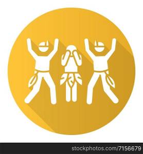 Ceremonial rape yellow flat design long shadow glyph icon. Women abuse. Payback rape in tribal customs. Sexual harassment of females. Victim of assault. Vector silhouette illustration