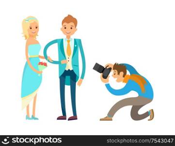 Ceremony of engagement, happy newlywed couple husband and wife isolated. Professional photographer takes photos of romantic bride and groom vector. Engagement Ceremony Newlywed Couple, Photographer