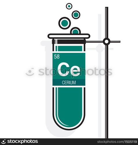 Cerium symbol on label in a green test tube with holder. Element number 58 of the Periodic Table of the Elements - Chemistry