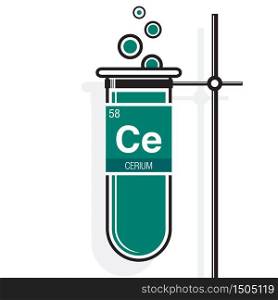 Cerium symbol on label in a green test tube with holder. Element number 58 of the Periodic Table of the Elements - Chemistry