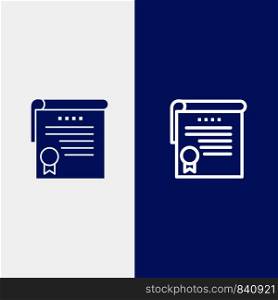 Certificate, Achievement, Degrees, Award Line and Glyph Solid icon Blue banner