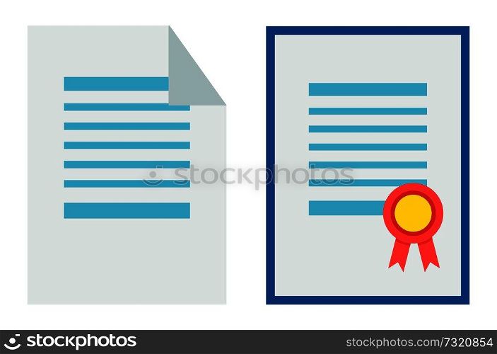 Certificate and paper set, collection of pages with colorful image as sign of quality, certificates vector illustration isolated on white background. Certificate and Paper Set Vector Illustration