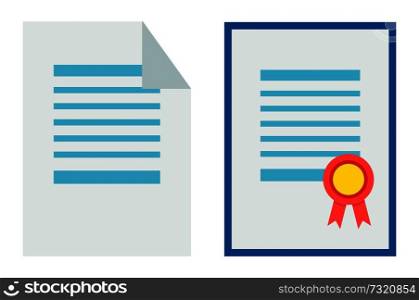 Certificate and paper set, collection of pages with colorful image as sign of quality, certificates vector illustration isolated on white background. Certificate and Paper Set Vector Illustration