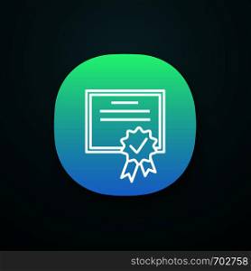 Certificate app icon. UI/UX user interface. Diploma. Quality certificate. Award. License. Web or mobile application. Vector isolated illustration. Certificate app icon