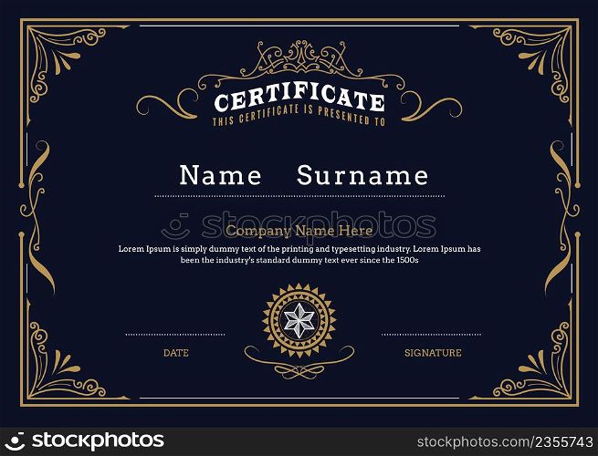 Certificate border, Diploma frame flourishes elegant vintage design vector template