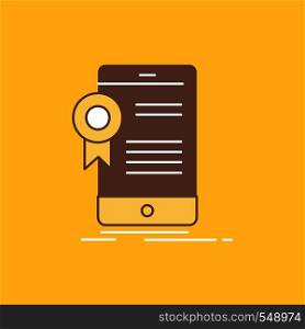 certificate, certification, App, application, approval Flat Line Filled Icon. Beautiful Logo button over yellow background for UI and UX, website or mobile application. Vector EPS10 Abstract Template background