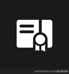 Certificate dark mode glyph ui icon. Outstanding student appreciation. User interface design. White silhouette symbol on black space. Solid pictogram for web, mobile. Vector isolated illustration. Certificate dark mode glyph ui icon