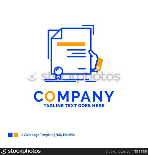 certificate, degree, education, award, agreement Blue Yellow Business Logo template. Creative Design Template Place for Tagline.