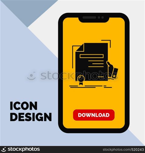 certificate, degree, education, award, agreement Glyph Icon in Mobile for Download Page. Yellow Background. Vector EPS10 Abstract Template background