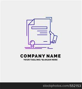 certificate, degree, education, award, agreement Purple Business Logo Template. Place for Tagline. Vector EPS10 Abstract Template background