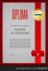 Certificate design in golden frame with red ribbon and bow. Certificate design in golden frame